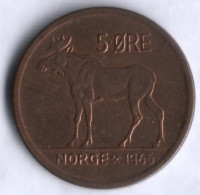 Монета 5 эре. 1965 год, Норвегия.