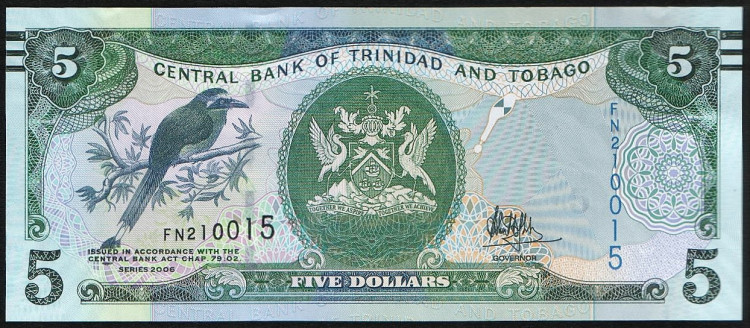 Банкнота 5 долларов. 2006 год, Тринидад и Тобаго.
