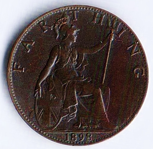 Монета 1 фартинг. 1898 год, Великобритания.