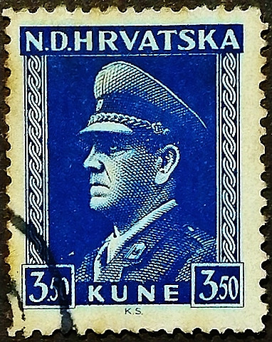Почтовая марка (3,5 k.). "Анте Павелич". 1943 год, Хорватия.