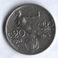 Монета 20 чентезимо. 1908 год, Италия.
