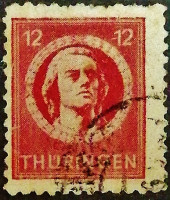 Почтовая марка (12 pf.). "Шиллер". 1945 год, Германия (Советская оккупация Тюрингии).