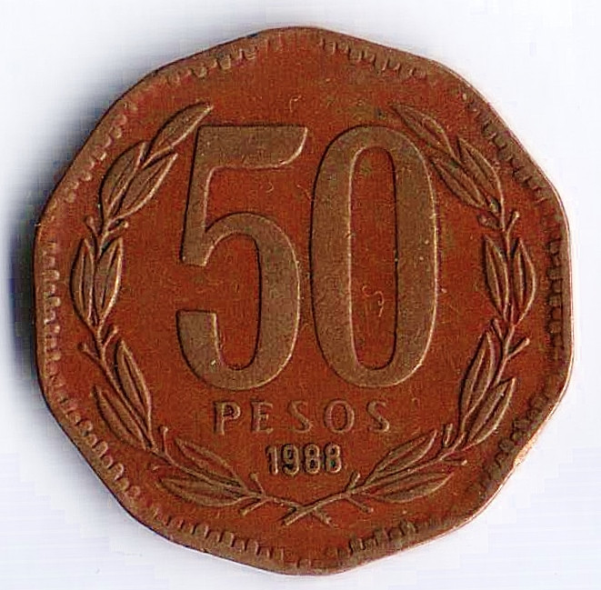 Монета 50 песо. 1988 год, Чили.