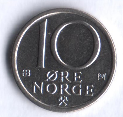 Монета 10 эре. 1975 год, Норвегия.