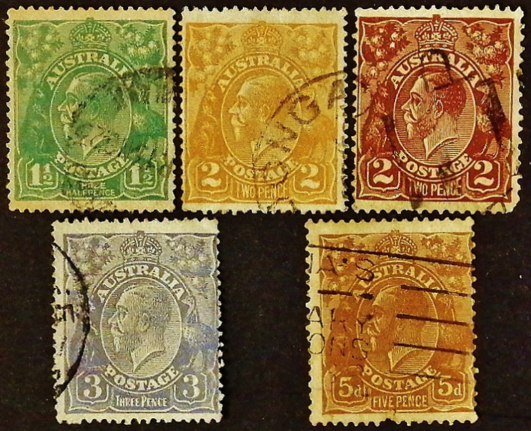 Набор почтовых марок (5 шт.). "Король Георг V". 1920-1930 годы, Австралия.