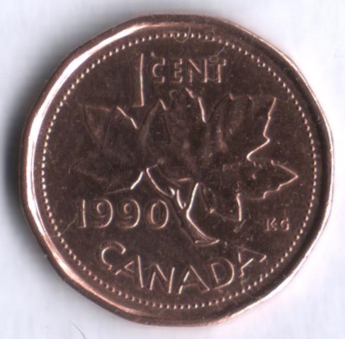 Монета 1 цент. 1990 год, Канада.
