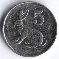 Монета 5 центов. 1999 год, Зимбабве.