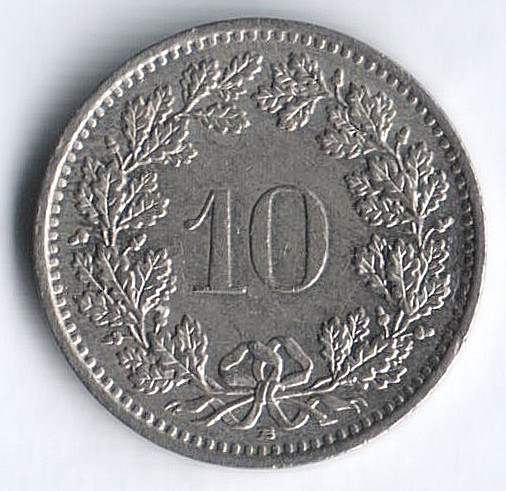 Монета 10 раппенов. 1991 год, Швейцария.