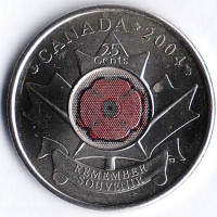 Монета 25 центов. 2004 год, Канада. 90 лет с начала Первой мировой войны.