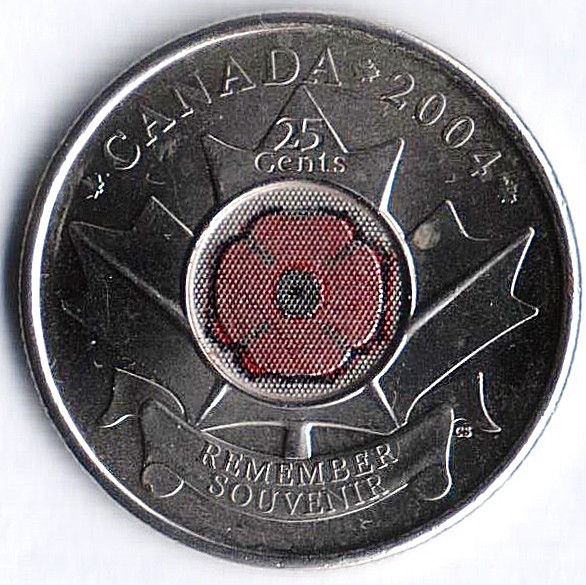 Монета 25 центов. 2004 год, Канада. 90 лет с начала Первой мировой войны.