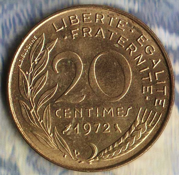 Монета 20 сантимов. 1972 год, Франция.