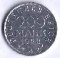 Монета 200 марок. 1923 год (А), Веймарская республика.