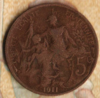 Монета 5 сантимов. 1911 год, Франция.
