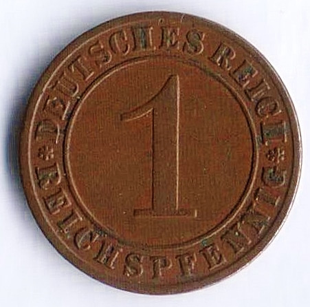 Монета 1 рейхспфенниг. 1928 год (G), Веймарская республика.