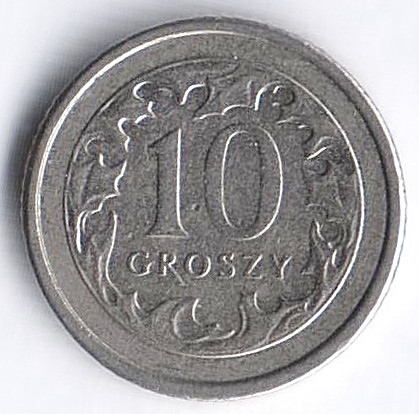 Монета 10 грошей. 2005 год, Польша.