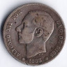 Монета 1 песета. 1883 год, Испания.