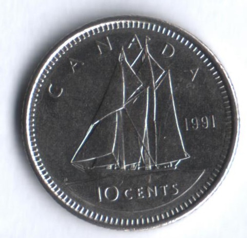 Монета 10 центов. 1991 год, Канада.