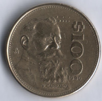 Монета 100 песо. 1990 год, Мексика. Венустино Карранса.