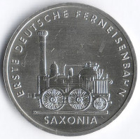 Монета 5 марок. 1988 год, ГДР. 150 лет первой железной дороге Германии.