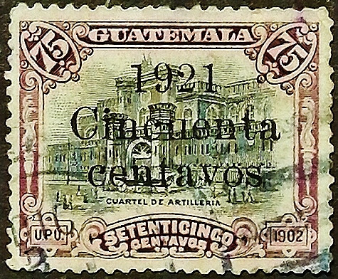 Почтовая марка (50 c.). "Артиллерийские бараки". 1921 год, Гватемала.