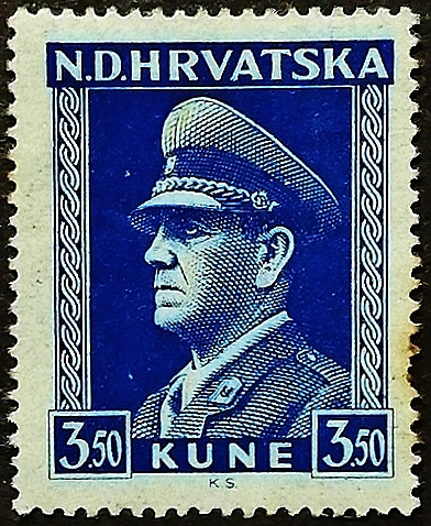 Марка почтовая (3,5 k.). "Анте Павелич". 1943 год, Хорватия.