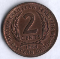 Монета 2 цента. 1958 год, Британские Карибские Территории.