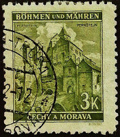 Почтовая марка (3 kr.). "Замок Пернштейн". 1941 год, Богемия и Моравия.