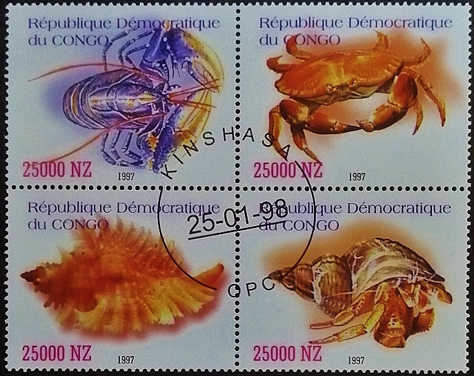 Набор марок (4 шт.). "Морские моллюски". 1997 год, Конго, ДР (Киншаса).