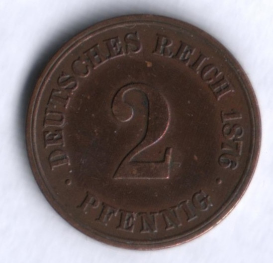 Монета 2 пфеннига. 1876 год (A), Германская империя.