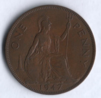 Монета 1 пенни. 1947 год, Великобритания.