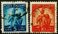 Набор марок (2 шт.). "Работа, правосудие и семья". 1945 год, Италия.