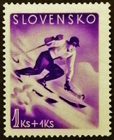 Марка почтовая. "Горные лыжи". 1944 год, Словакия.