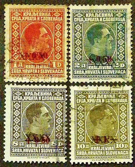 Набор почтовых марок (4 шт.). "Король Александр (надпечатка XXXX)". 1928 год, Королевство сербов, хорватов и словенцев.