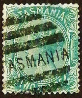 Почтовая марка (2 p.). "Королева Виктория". 1870 год, Тасмания.