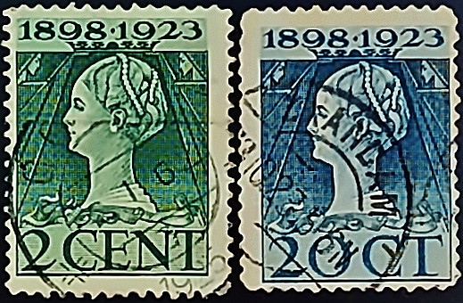 Набор почтовых марок (2 шт.). "Королева Вильгельмина - 25 лет правления". 1923 год, Нидерланды. Набор почтовых марок (2 шт.). "Королева Вильгельмина - 25 лет правления". 1923 год, Нидерланды.