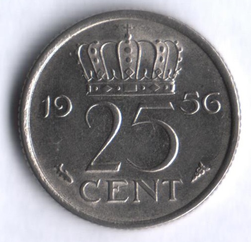 Монета 25 центов. 1956 год, Нидерланды.