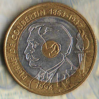 Монета 20 франков. 1994 год, Франция. Пьер де Кубертен.