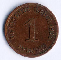 Монета 1 пфенниг. 1906 год (G), Германская империя.