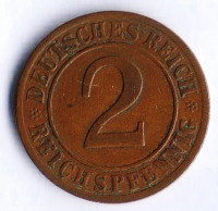 Монета 2 рейхспфеннига. 1925 год (E), Веймарская республика.