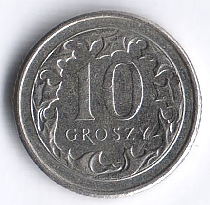 Монета 10 грошей. 2012 год, Польша.