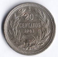 Монета 20 сентаво. 1941 год, Чили.