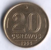 Монета 20 сентаво. 1955 год, Бразилия.