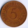 Монета 5 центов. 1942 год, Маврикий.