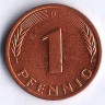 Монета 1 пфенниг. 1983(D) год, ФРГ.