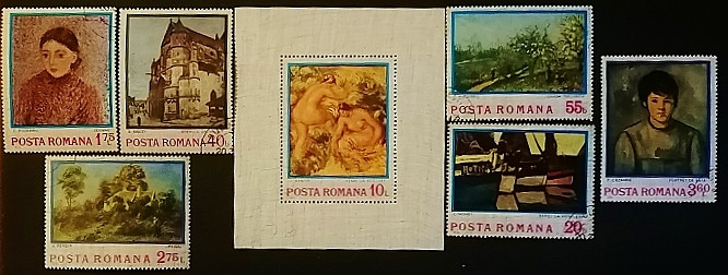 Набор почтовых марок  (6 шт.)  с блоком марок. "Картины импрессионистов". 1974 год, Румыния.