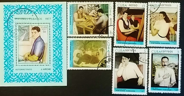 Набор почтовых марок  (6 шт.) с мини-блоком. "Картины кубинских художников - Хорхе Арче". 1977 год, Куба.