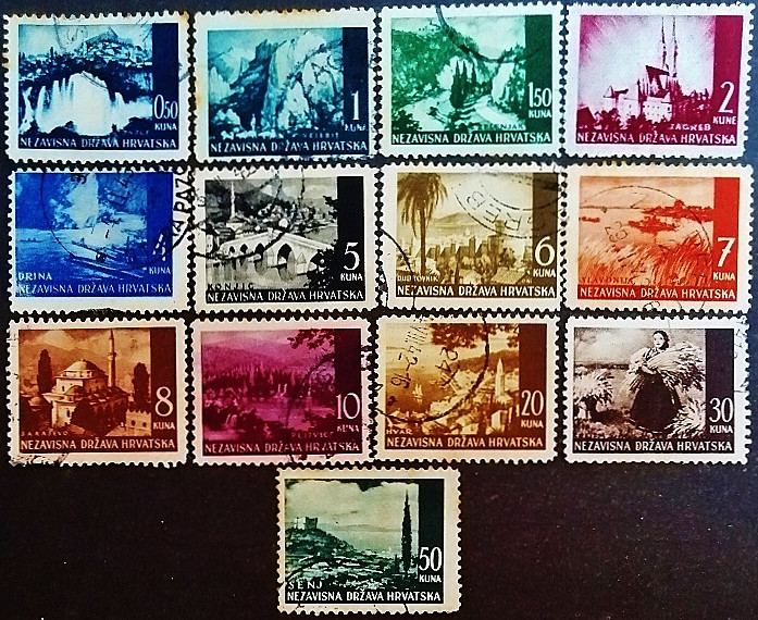 Набор почтовых марок (13 шт.). "Пейзажи". 1941 год, Хорватия.