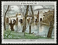 Марка почтовая. "Мост в Манте", Жан-Батист Коро (1796-1875). 1977 год, Франция.