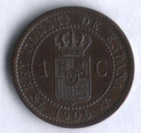 Монета 1 сентимо. 1906 (SL-V) год, Испания.