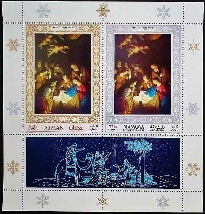 Блок марок ( 2 шт.). "Рождество-1968". 1968 год, Аджман-Манама.